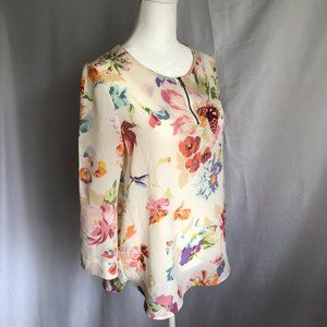 Gerard Darel Women's Silk White Pink Floral Blouse with Zipper